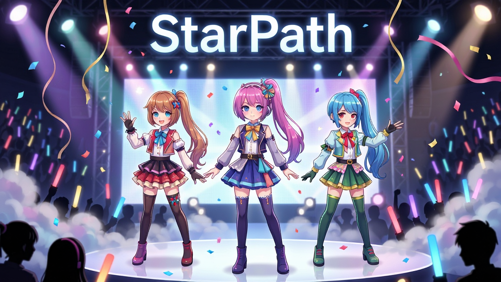 一张展现StarPath偶像养成世界的全景插画,画面主体为三位风格各异的虚拟偶像站在舞台中央,背后是绚丽的灯光与应援棒海洋,布局采用中心对称构图,上方留白处用发光字体写