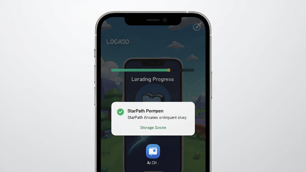 StarPath移动端安装与运行示意图,画面主体为一部智能手机屏幕显示游戏加载界面,布局为居中手机特写,背景为浅灰色渐变,风格为科技简约风,细节包括加载进度条、权限提示弹窗、存储空间图标,画质清晰干净,无多余元素