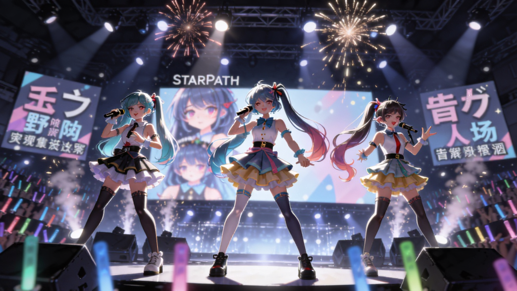 StarPath舞台演出场景插画,画面主体为三位虚拟偶像在聚光灯下唱跳,布局为仰视舞台视角,风格为动感二次元演唱会插画,细节包括荧光棒海、舞台烟花、大屏幕应援字幕,画质绚丽干净,无多余元素