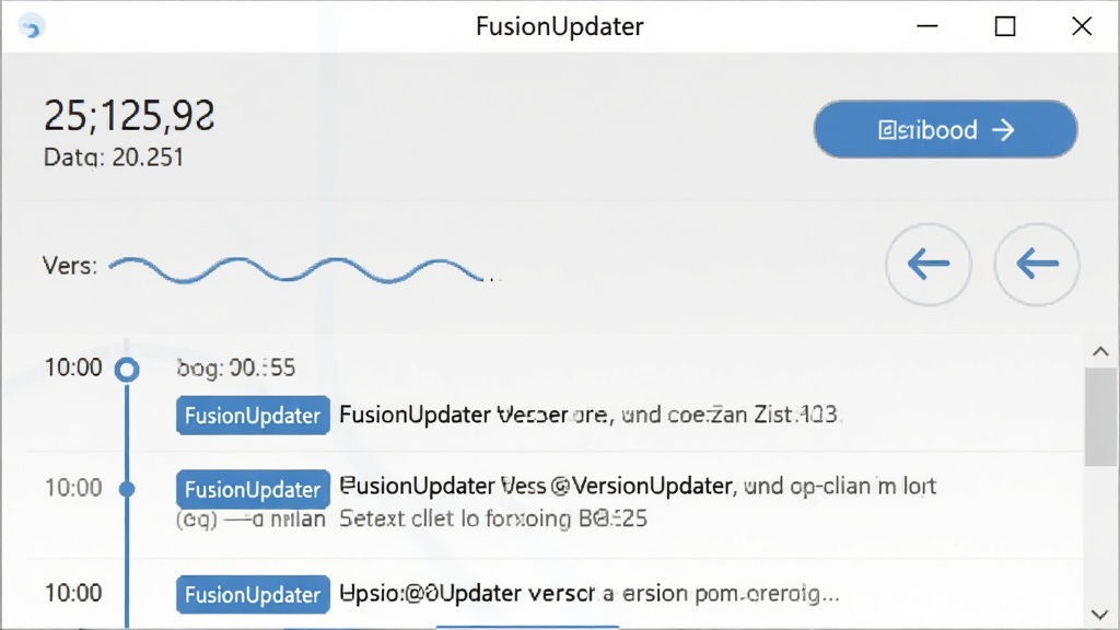 主体为FusionUpdater版本信息界面,屏幕显示更新日志列表与回滚按钮;布局为上下分栏,上方为版本号与日期,下方为日志条目;排版规整,
