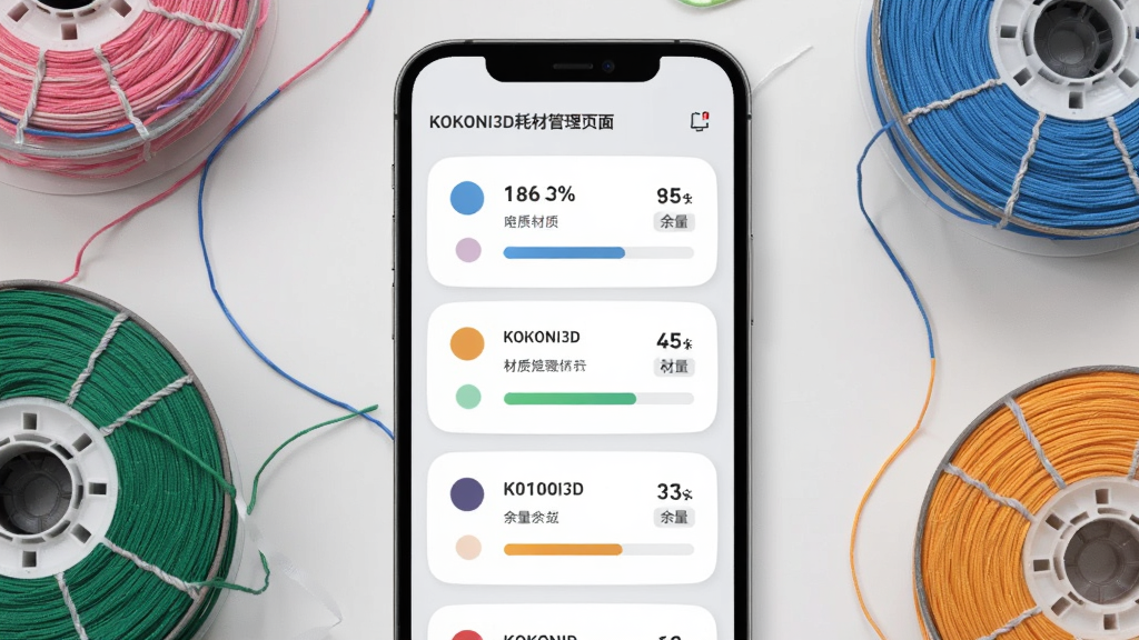 KOKONI3D耗材管理页面,手机屏幕显示多卷不同颜色耗材的卡片列表,每张卡片有颜色圆点、材质名称与余量进度条,界面采用柔和圆角卡片设计,背景为浅灰色,旁边散落几卷彩色线材,风格为生活化产品展示,细节包括余量百分比数字、材质标签,画质高清,画面干净,无多余元素