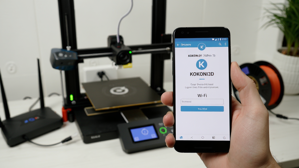KOKONI3D新手操作场景,一只手拿着安卓手机,屏幕显示配网引导页面与Wi-Fi密码输入框,背景是家庭书桌上的3D打印机正在预热,旁边有路由器与一卷耗材,风格为生活化教学场景,细节包括手机界面步骤提示、打印机指示灯、路由器天线,画质清晰,画面干净,无多余元素