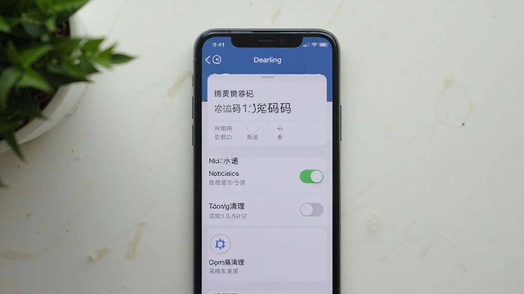 主体为手机屏幕展示Dearling设置页面,包含配对码、通知开关与存储清理选项;布局为手机正面居中,背景为浅色桌面与绿植一角;排版为竖向构图;风格为生活化实拍感;细节为界面内可见「Dearling」字样与设置列表;画质为高清,画面干净