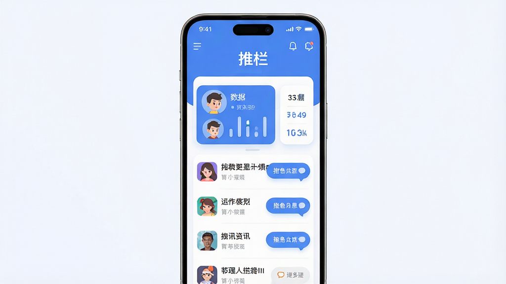 主体为一部竖屏智能手机,屏幕中显示蓝白色调的游戏社区应用界面,界面上方有“推栏”字样,中部为角色数据卡片与资讯列表,布局居中对称,排版清晰有序,风格为现代扁平化UI设计,细节包含圆角图标、数据图表与消息气泡,画质高清,画面干净,无多余元素