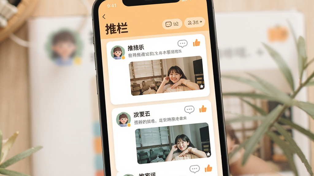 画面主体为手机界面中的社区动态列表,屏幕上方显示“推栏”社区板块标题,中部为多条玩家动态卡片,包含头像、文字与配图,布局为纵向列表排版,风格为温暖活泼的社交UI设计,细节有评论气泡与点赞图标,画质高清,画面干净,无多余元素