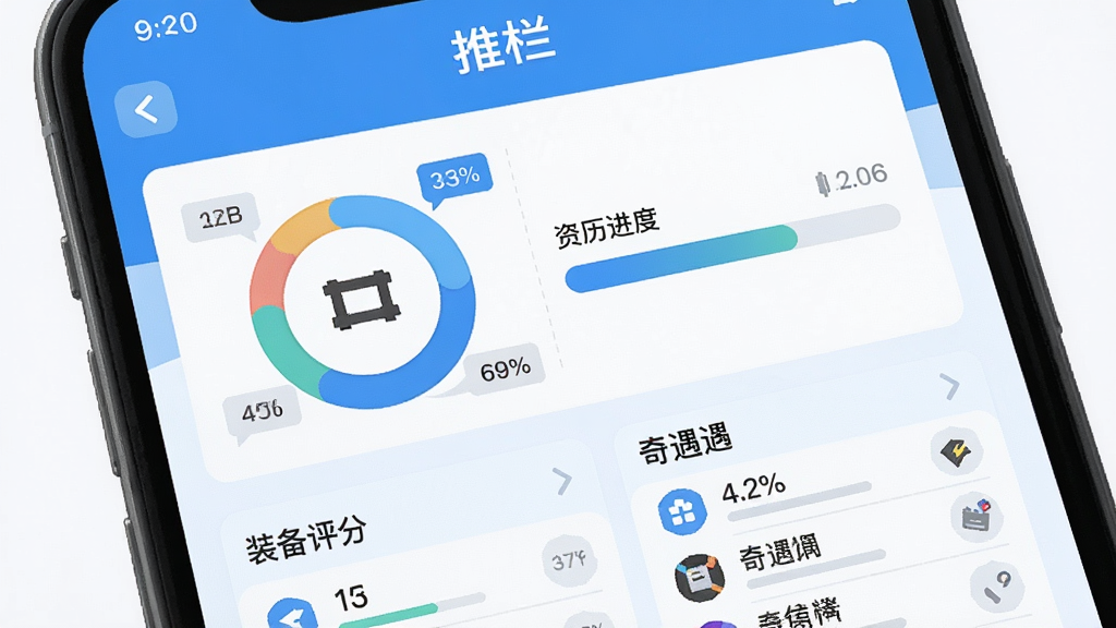 画面主体为手机屏幕特写,屏幕中展示“推栏”应用的角色数据面板,包含装备评分环形图、资历进度条与奇遇列表,布局为上下分层排版,风格为清爽蓝白配色扁平设计,细节有数据标签与图标点缀,画质清晰,画面干净,无多余元素