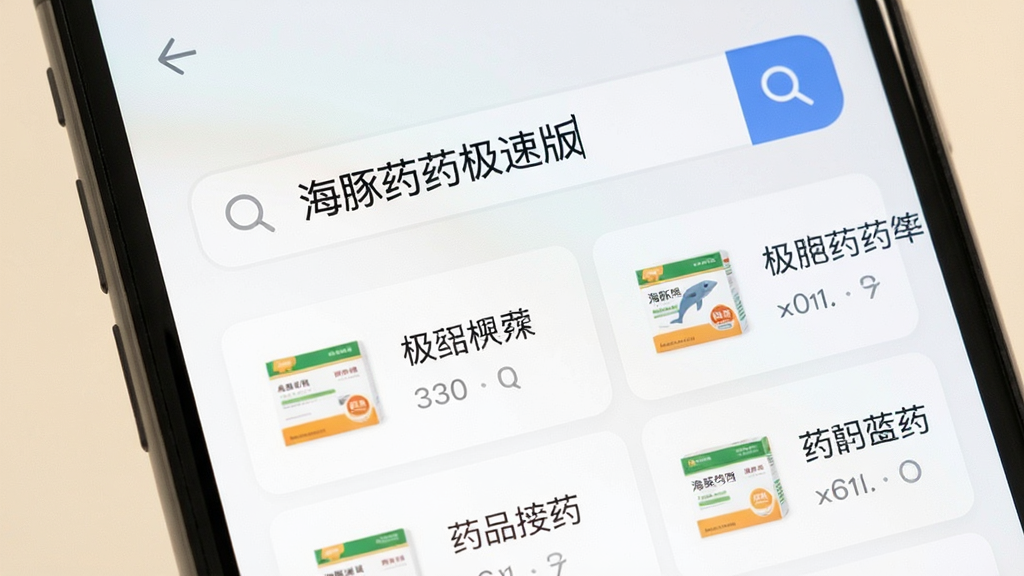 手机屏幕特写,屏幕中央为搜索框,框内显示“海豚药药极速版”搜索字样,下方弹出多条药品搜索结果卡片,每张卡片包含药盒缩略图与药品名称,背景为柔和浅色,扁平化UI风格,画面干净整洁,画质清晰
