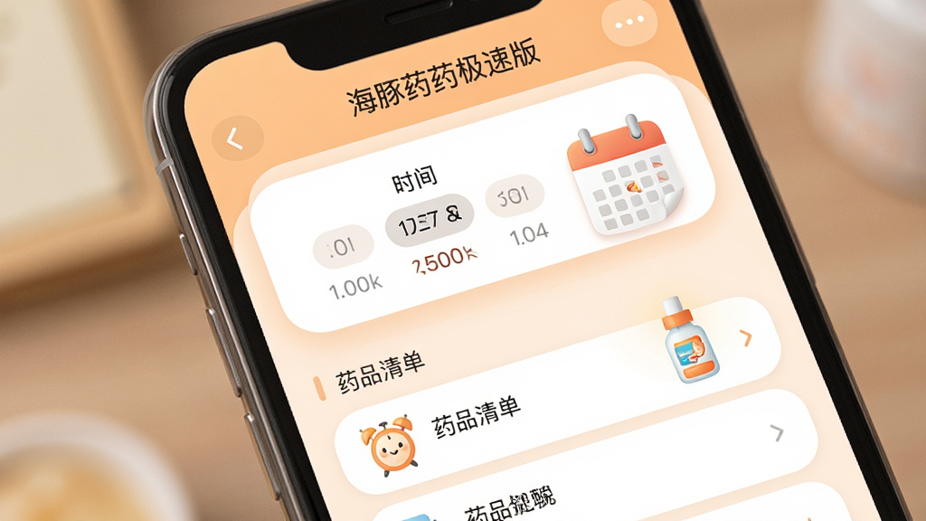 手机界面展示用药提醒设置页,页面中有“海豚药药极速版”标题栏,下方为时间选择器与药品清单列表,旁边配有小闹钟图标与日历元素,整体采用柔和圆角卡片设计,色调温暖,画质干净,无杂乱装饰