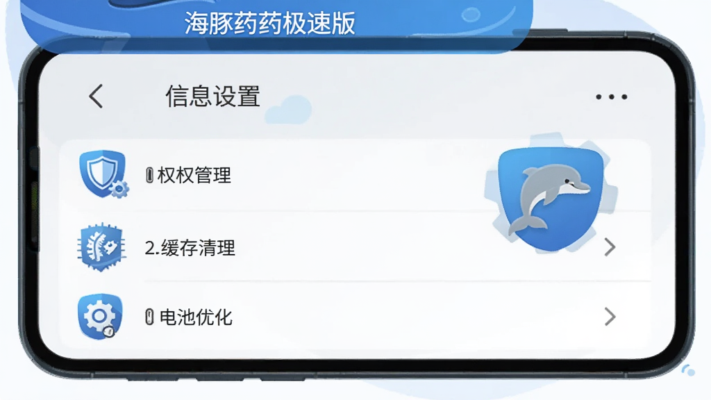 手机屏幕显示“海豚药药极速版”应用信息设置页,页面中有权限管理、缓存清理、电池优化等选项,旁边配有盾牌与齿轮图标,整体采用扁平化安全主题插画风格,色调以蓝灰为主,画面干净清晰