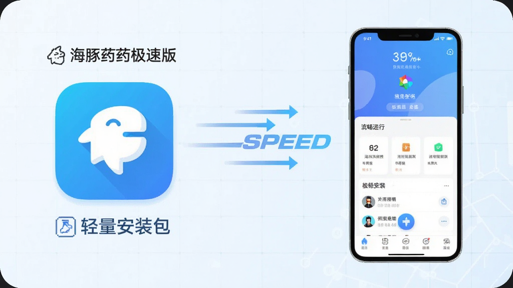 手机性能对比示意图,左侧为“海豚药药极速版”应用图标与轻量安装包标识,右侧为流畅运行的界面截图,背景为科技感浅色网格,画面中央有速度线条元素,扁平化设计风格,画质清晰干净,突出轻快主题