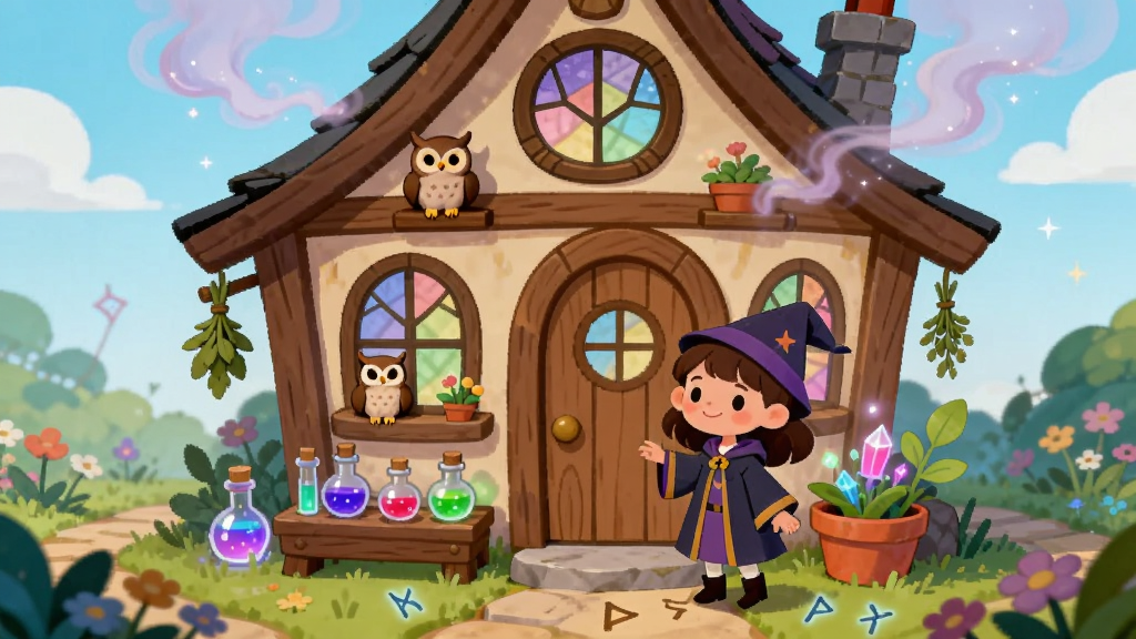 画面主体为一间温馨的魔法小屋,木质结构搭配彩色玻璃窗,屋顶冒出淡淡魔法烟雾,屋前摆放着发光药水瓶和魔法植物盆栽,一位穿着巫师袍的小女孩站在门口微笑,布局上小屋居中占据画面主要位置,四周环绕花草与小径,排版采用横向构图留出天空区域,风格为清新治愈的卡通手绘风,细节包括窗台上的猫头鹰、悬挂的草药束、地面散落的魔法符文,画质清晰干净,色彩明亮柔和,无多余元素