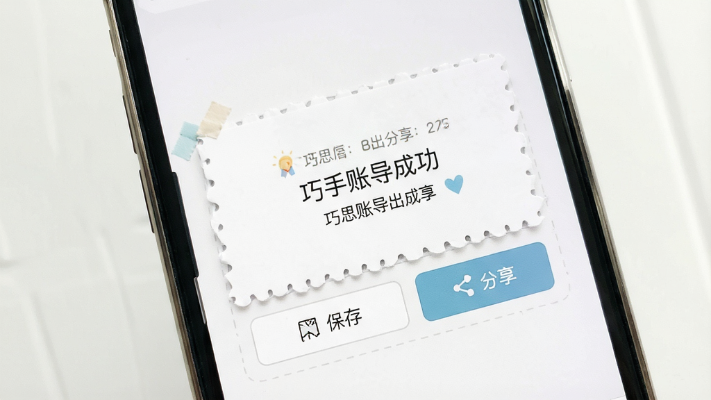 一张巧思手账导出分享界面画面,手机屏幕显示手账作品导出成功提示,旁边有分享按钮和保存到相册选项,背景为简洁浅色,布局清晰,风格清新,细节精致,画质干净明亮,无多余元素
