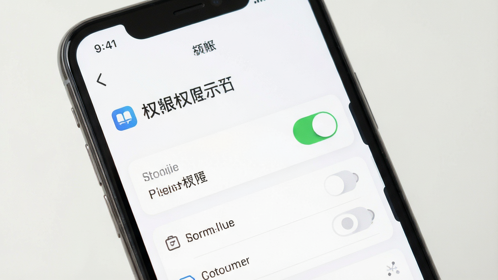 一张巧思手账安装权限设置界面示意图,手机屏幕显示应用权限管理页面,存储权限开关处于开启状态,界面简洁清晰,风格明亮干净,细节到位,画质清晰,无多余元素