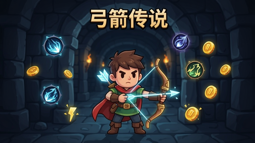 画面中央一位手持发光弓箭的勇者站在地牢入口,身后是幽暗的迷宫走廊,四周漂浮着随机技能图标与金币光点,竖屏构图,主体突出,暗黑卡通画风,细节丰富,画质清晰干净,画面中带有“弓箭传说”文字标题,无多余装饰元素