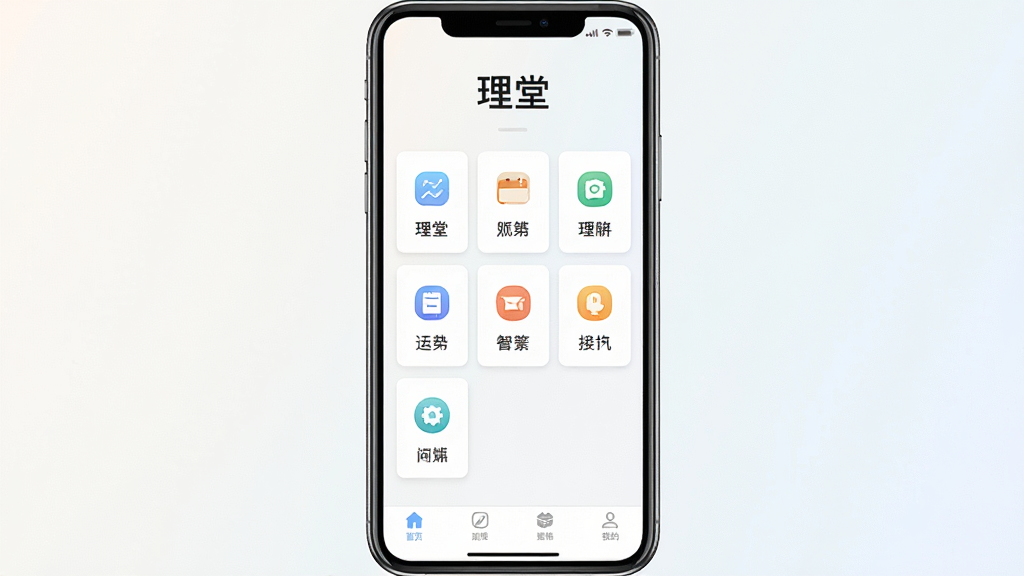 一张手机应用界面展示图,画面中央是一部竖屏智能手机,手机屏幕上显示“理堂”应用的主界面,界面采用简洁的卡片式布局,顶部有“理堂”文字标识,中部排列若干功能图标,底部为导航栏,背景为浅色渐变,整体风格清新简约,细节清晰,画质干净,无多余元素,适合作为软件下载站配图