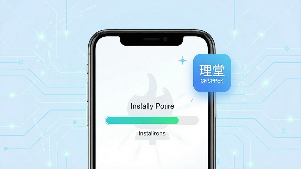 一张展示手机应用安装过程的示意图,画面中一部手机屏幕显示安装进度条即将完成,旁边有“理堂”字样的小图标悬浮,背景为浅蓝色科技感线条,布局简洁居中,风格清爽明快,细节表现安装完成的瞬间,画质清晰干净,无多余装饰元素