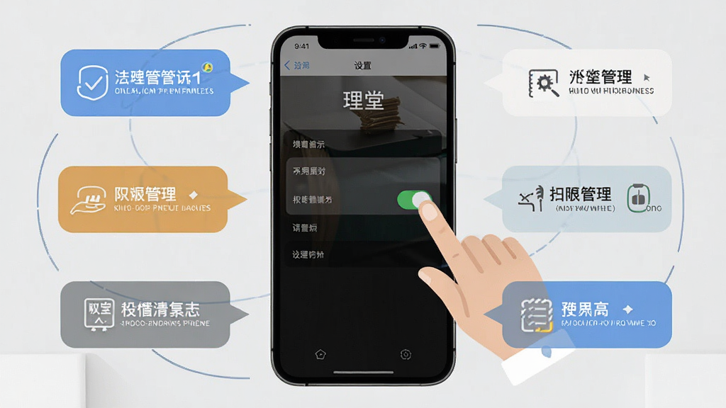 一张手机应用使用教程示意图,画面中一部手机屏幕显示“理堂”设置页面,旁边有手指点击权限开关的动作示意,背景为浅灰色,布局为手机居中、四周环绕提示气泡,风格扁平化教程风,细节清晰展示权限管理步骤,画质干净,无多余元素