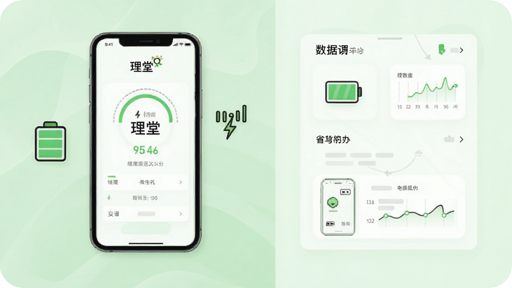 一张表现手机应用低功耗运行的示意图,画面中手机屏幕显示“理堂”应用运行状态页面,旁边配有电池与信号图标,背景为浅绿色调,布局为左右分栏,左侧手机右侧数据面板,风格简约商务,细节突出流畅与省电,画质干净清晰,无杂乱元素