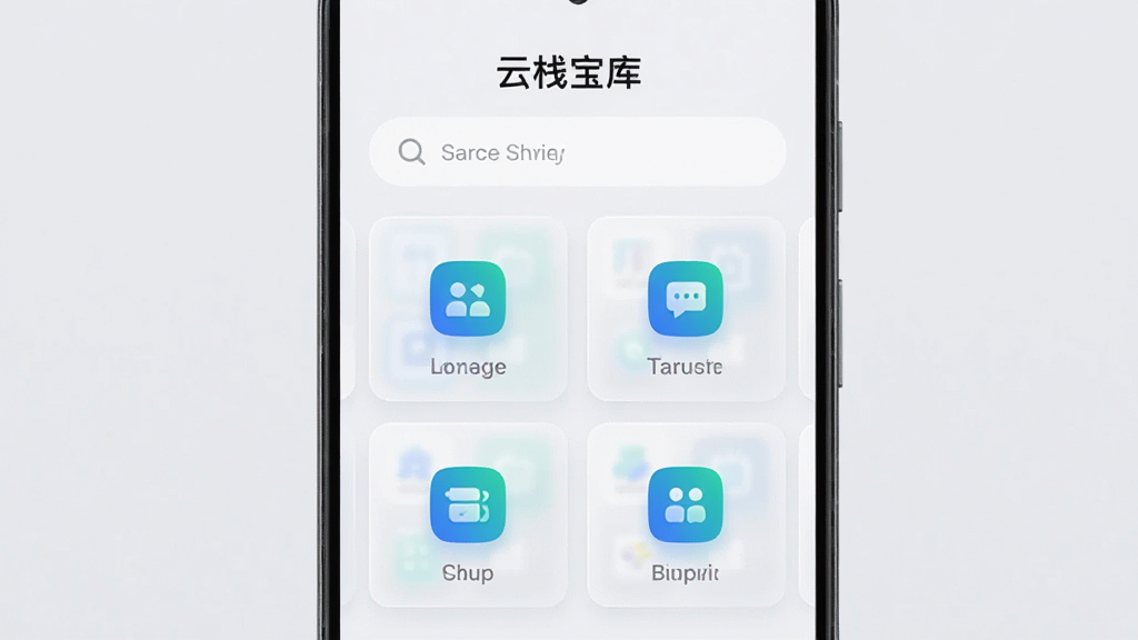 主体为一部竖屏安卓手机,屏幕中央展示“云栈宝库”应用主界面,布局为顶部搜索栏加下方四宫格功能卡片,排版居中对称,风格为清爽扁平化科技风,细节包含半透明磨砂卡片、蓝绿渐变图标、浅灰背景,画质高清干净无多余元素