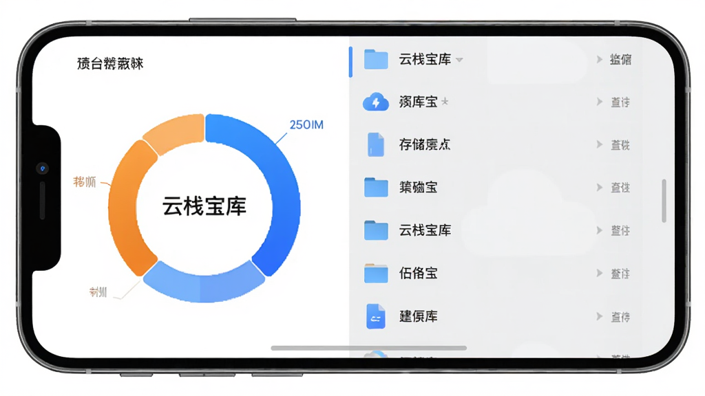 主体为手机屏幕内展示存储整理界面,布局为左侧环形存储占用图加右侧文件列表,排版左右分栏,风格为简约数据可视化风,细节包含蓝橙双色环形图与灰色列表条目,画面中带有“云栈宝库”字样,画质高清干净无多余元素