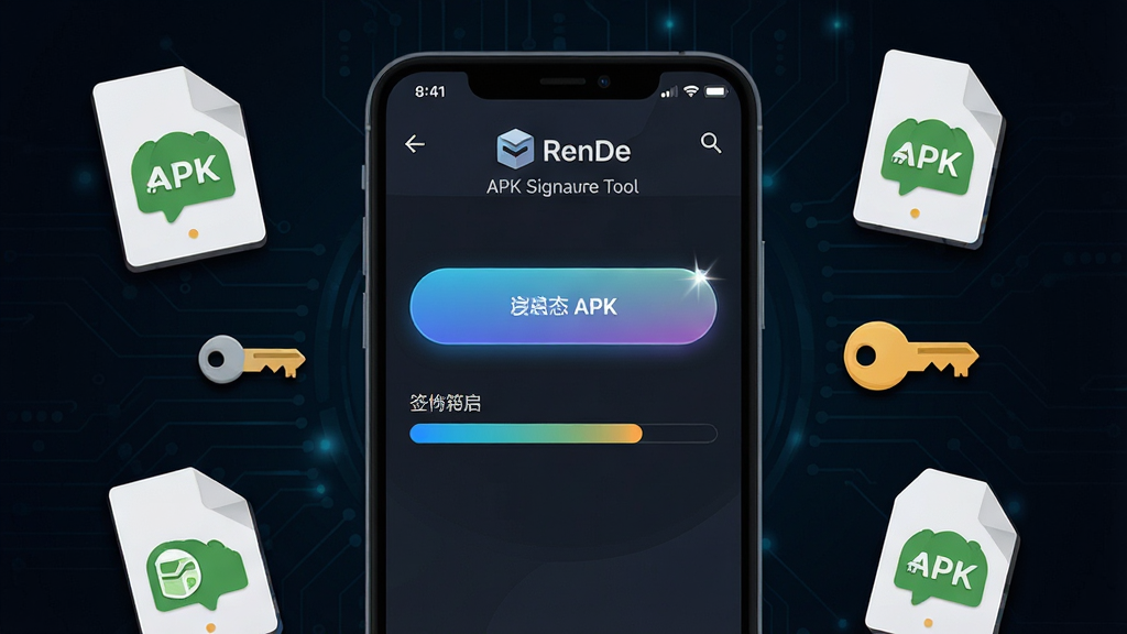 һ��չʾ��׿�ֻ���Ļ��ͼƬ������������RenDe APKǩ�����������棬������ʾѡ��APK�ļ���ť��ǩ��������������Ϊ��ɫ�Ƽ�����ֻ���ΧƯ���ż���APK�ļ�ͼ�����Կ���ţ����岼�ּ�����������Ϊ�ִ���ƽ��UI��ƣ�ϸ�ڰ�����ť�߹⡢������������ļ�ͼ����Ӱ�����������������ɾ��޶���Ԫ��