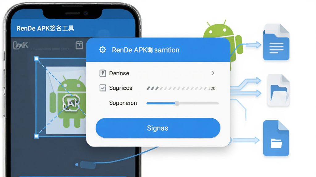 RenDe APKǩ�������ֻ���ǩ���������棬����չʾ�ֻ���Ļ��һ��APK�ļ���ѡ�к󵯳�ǩ��ȷ�ϴ��ڣ���������ʾ��Կѡ���ǩ����ť�������а�׿�����˺��ļ���������װ�Σ����Ϊ��ˬ�Ƽ�����ɫ��ϸ�ڰ�����ťԲ�ǡ��ļ�ͼ��ͽ���ָʾ�����ʸ��壬�ɾ�����