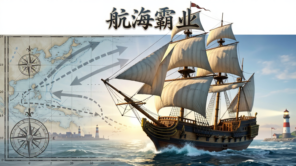 画面主体为一艘三桅盖伦帆船在晨光中乘风破浪,船身倾斜展示饱满风力;布局将船只置于画面中央偏右,左侧用半透明航海图叠加显示季风箭头与航线虚线;排版为竖版海报式,上方留白放置“航海霸业”艺术字;风格为游戏宣传概念图,光影通透;细节包含鼓胀的帆布、飞溅的浪沫、罗盘刻度与海图经纬线、远处港口灯塔;画质精致干净,无杂乱元素,整体呈现壮阔的海洋冒险气息