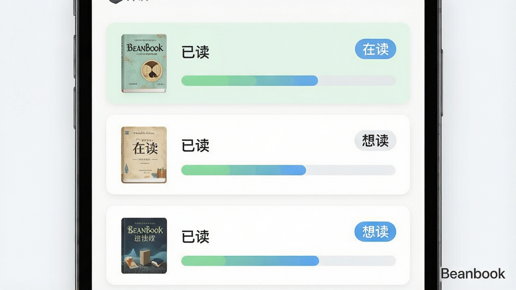 一张Beanbook阅读进度追踪功能的界面示意图,画面中展示三本不同书籍的进度卡片,分别标注