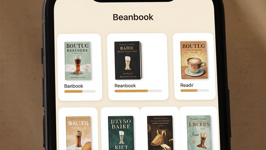 一张展示Beanbook应用主界面的手机屏幕截图,画面中央是整齐排列的书架卡片,每张卡片上有书籍封面缩略图和阅读进度条,背景为温暖的米白色调,整体风格清新简约,画质清晰干净,屏幕上方显示软件名称