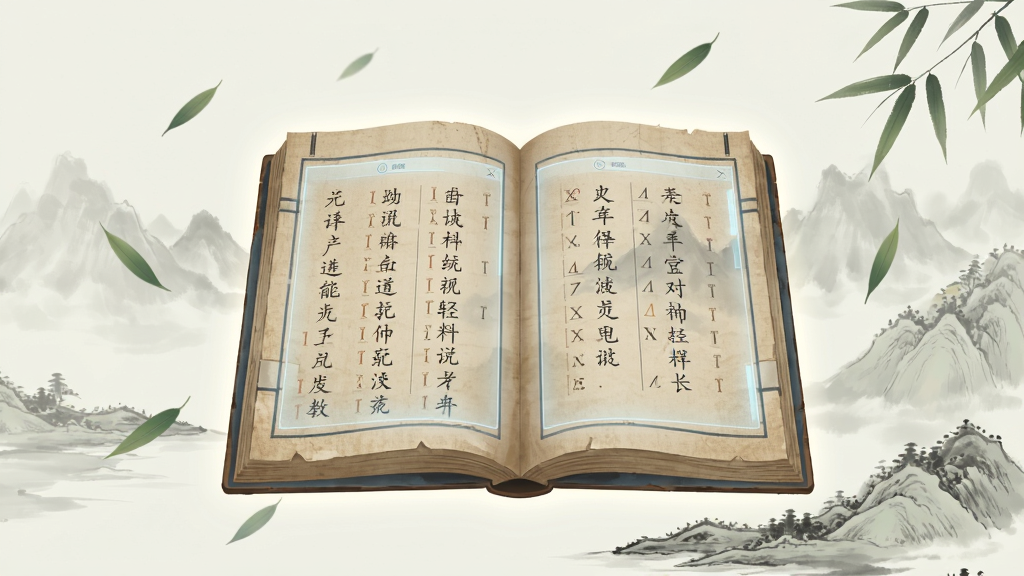 画面中央是一本展开的古籍书册,书页上浮现出半透明的数字界面,界面中排列着整齐的诗词文字与格律标记,书册周围环绕着淡墨色的山水轮廓与飘落的竹叶,整体布局采用居中对称构图,风格为新中式简约插画风,细节处可见书页纹理与柔和的光晕过渡,画质清晰干净,无多余装饰元素