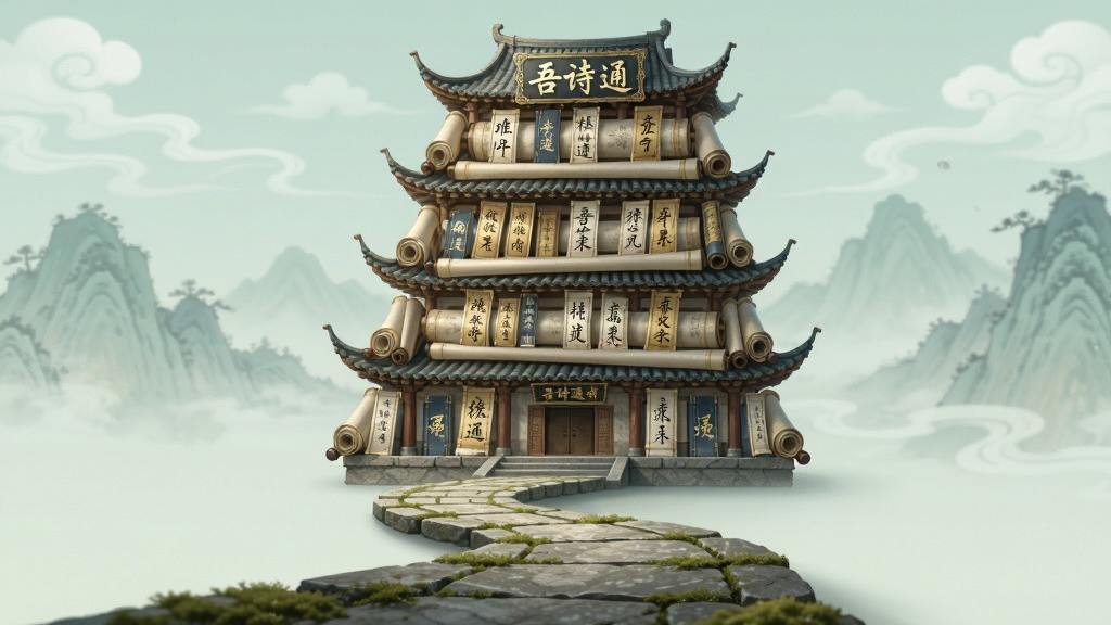 画面主体为一座由书卷堆叠而成的中式楼阁,楼阁每一层都陈列着不同朝代的诗词标签,楼阁前方有一条蜿蜒的石径通向读者,背景是淡青色的远山与流云,布局采用纵向延伸的透视构图,风格为清雅国风数字绘画,细节处可见书脊上的烫金字迹与石径上的苔痕,画质细腻干净,画面中浮现“吾诗通”三个字的匾额