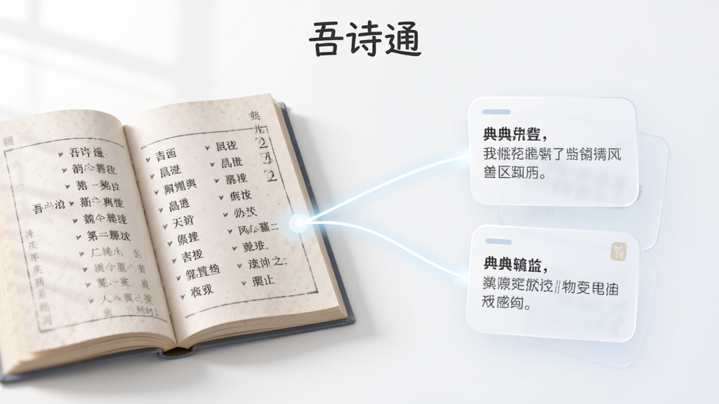 画面左侧是一本翻开的韵书,右侧是悬浮的典故词条卡片,两者之间由一条发光的细线连接,韵书页面上排列着韵部目录,卡片上写着简洁的典故释义,布局为左右对比构图,风格为柔和圆角卡片式设计,细节处可见纸张的柔和阴影与卡片的半透明质感,画质干净明亮,顶部有“吾诗通”字样