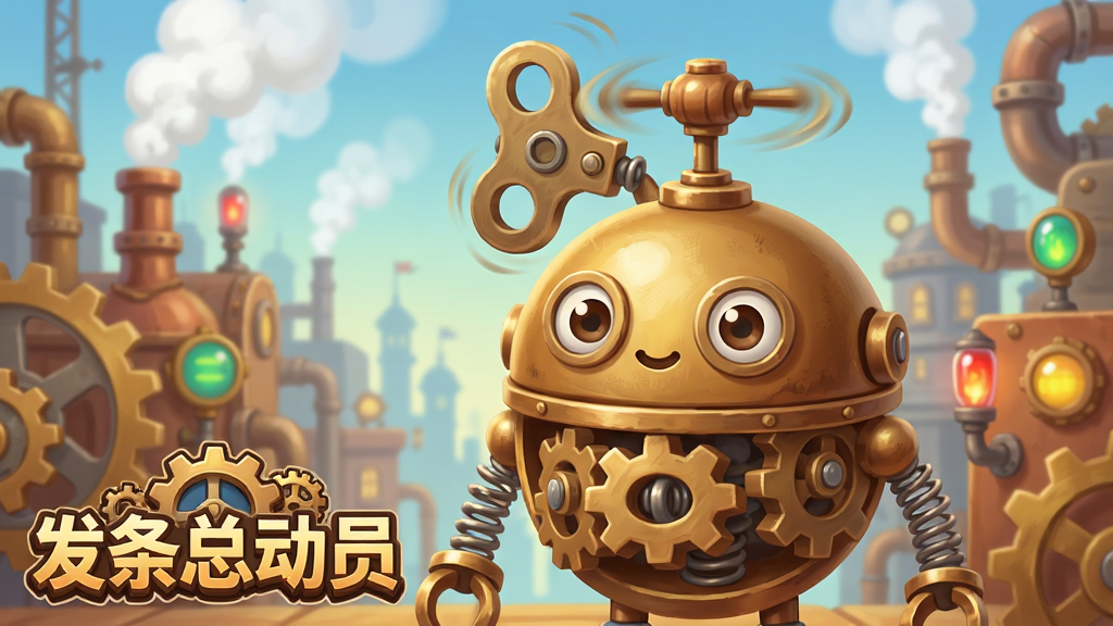 画面中央是一个圆润可爱的发条机器人主角,身体由黄铜色齿轮和弹簧构成,头顶有旋转的发条旋钮,背景是蒸汽朋克风格的齿轮城市,远处有喷着白烟的管道和闪烁的指示灯,画面左下角有游戏标题文字