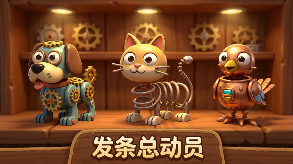 发条总动员游戏内的宠物收集界面,画面展示三只不同造型的发条小宠物并排站立,分别是齿轮狗、弹簧猫和铜壳鸟,背景是木质展示架和暖色灯光,界面下方有