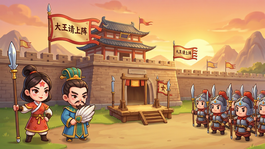 一幅Q版卡通风格的游戏主界面全景图,画面中央是巍峨的古代城池与点将台,城墙上飘扬着写有“大王请上阵”字样的旗帜,左侧站立着手持长枪的花木兰与羽扇纶巾的军师角色,右侧是排列整齐的士兵方阵,背景为暖色调的夕阳与远山,布局采用横版宽幅构图,风格为清新明快的国风卡通风,细节包含城墙砖纹、兵器反光与角色表情,画质高清,画面干净,无多余元素