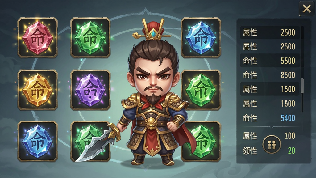 一张展示命格搭配界面的游戏UI风格插画,画面中央是一位Q版武将的全身像,周围环绕着六个命格槽位,槽位中镶嵌着发光的命格宝石,右侧显示属性加成列表,布局为居中对称式,风格为玄幻国风游戏界面,细节包含宝石光效与属性数值文字,画质清晰,画面干净,无多余元素