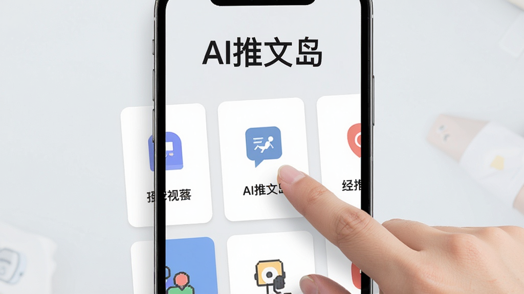 画面展示一个手机界面,界面中排列着多个卡片式模板,每个卡片带有不同图标与简短标题,一只手正点击其中一张卡片,背景为浅灰色,整体采用清新扁平风格,画面中央上方显示“AI推文岛”字样,画质干净清晰,无杂乱元素