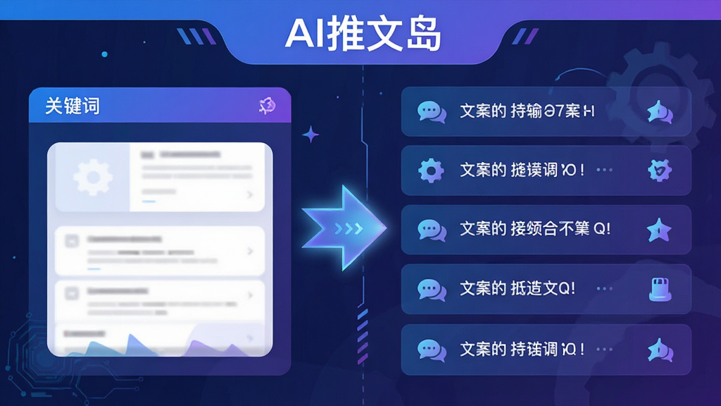 画面采用左右分栏布局,左侧为关键词输入面板,右侧为多条文案结果列表,中间以发光箭头连接,画面顶部标注“AI推文岛”文字,整体风格为科技感扁平插画,配色以蓝紫为主,细节干净,画质清晰,无多余元素