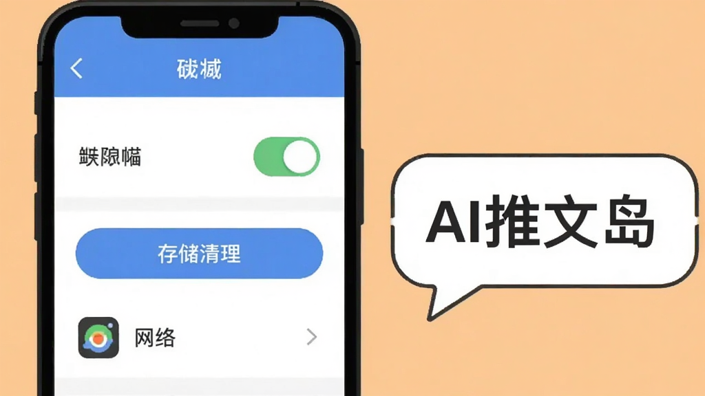 画面展示一部手机屏幕显示软件设置界面,界面中包含权限开关、存储清理按钮与网络状态图标,手机旁边放置一个提示气泡,气泡内写有“AI推文岛”字样,背景为浅橙色,整体采用简洁扁平插画风格,画质清晰干净,无多余装饰