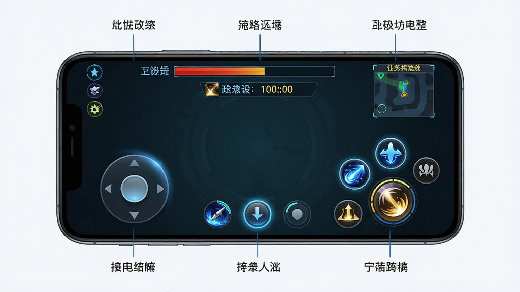 主体为手机屏幕特写展示游戏操作界面,左下角虚拟摇杆、右下角环形技能轮盘、上方血条与任务追踪栏,布局为手机正面平铺展示,排版采用居中对称结构四周标注功能区域说明,风格为科技感UI展示图,细节包括按钮按压光效、技能冷却倒计时、小地图缩略图,画质为高清产品展示图,画面干净,无多余元素