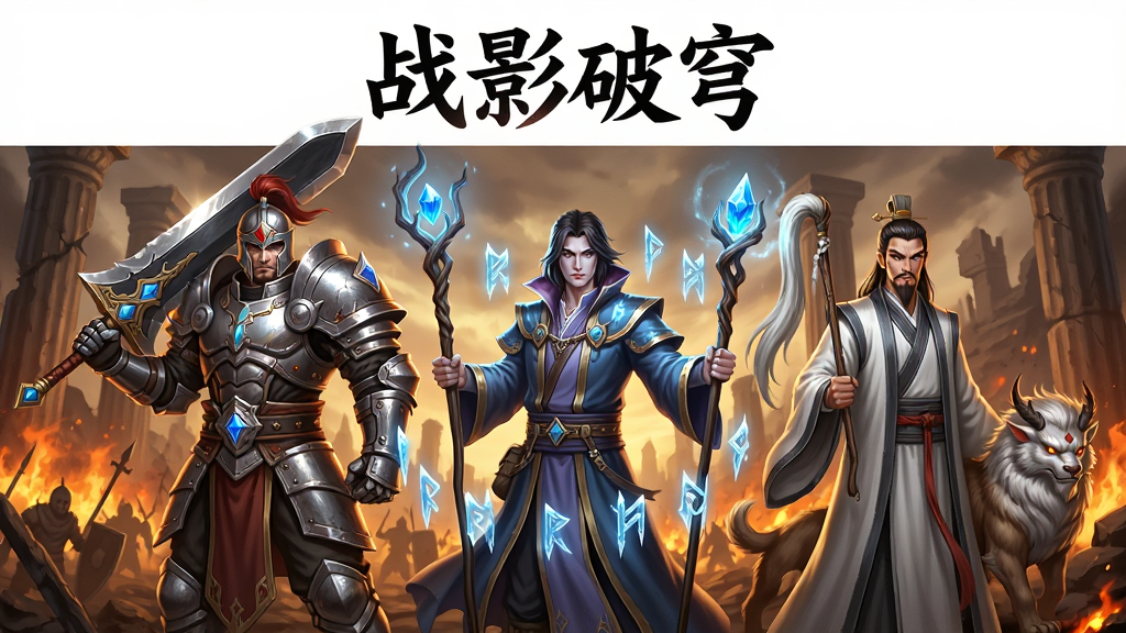 主体为三位并排站立的游戏角色,左侧战士手持巨剑身披重甲,中间法师手持法杖周身环绕冰霜符文,右侧道士手持拂尘身旁跟随神兽,布局为三人横向排列、背景为燃烧的战场与破碎的石柱,排版采用对称构图上方留白放置“战影破穹”标题,风格为东方奇幻CG插画风,细节包括铠甲金属反光、法杖宝石发光、神兽毛发质感,画质为4K高清,画面干净,无多余元素