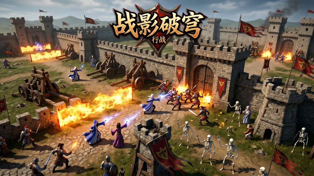 主体为沙巴克攻城战场全景,画面中城墙上下双方玩家激烈交战,法师释放火墙、战士冲撞城门、道士召唤骷髅,布局为远景俯视视角展现战场全貌,排版采用宽幅横向构图上方为“战影破穹”行会战标识,风格为史诗战争CG风,细节包括攻城车、箭塔、火焰特效、旗帜飘扬,画质为电影级高清,画面干净,无多余元素