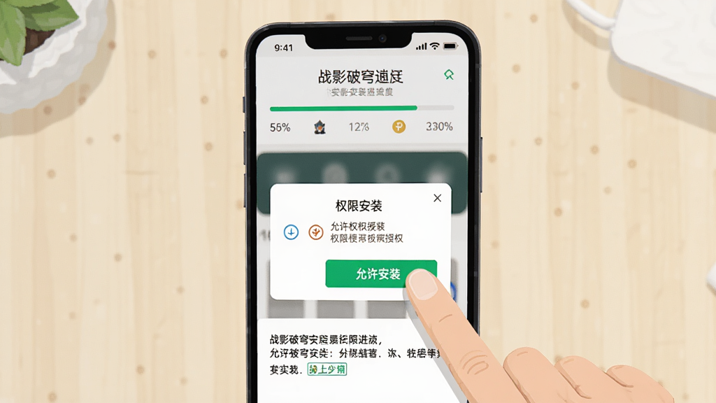 主体为手机屏幕展示战影破穹安装进度条与权限授权弹窗,画面中一只手正在点击“允许安装”按钮,布局为手机居中、背景为浅色桌面环境,排版采用上下结构上方为安装提示下方为权限说明,风格为扁平化教程插图,细节包括进度百分比、权限图标、系统弹窗样式,画质为清晰教程配图级别,画面干净,无多余元素