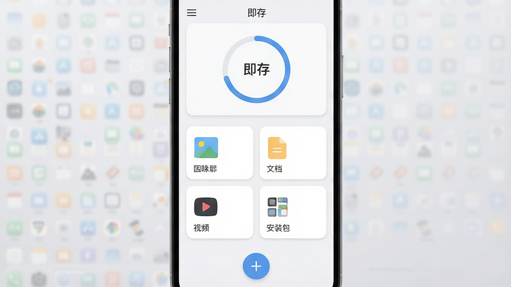 一张展示手机文件管理界面的场景图,画面中央是“即存”应用的主界面,采用浅色扁平化卡片布局,上方显示存储空间环形进度条,中部排列图片、文档、视频、安装包四个分类卡片,底部为悬浮的加号按钮,整体风格干净清爽,背景为浅灰渐变,画质清晰,无多余元素