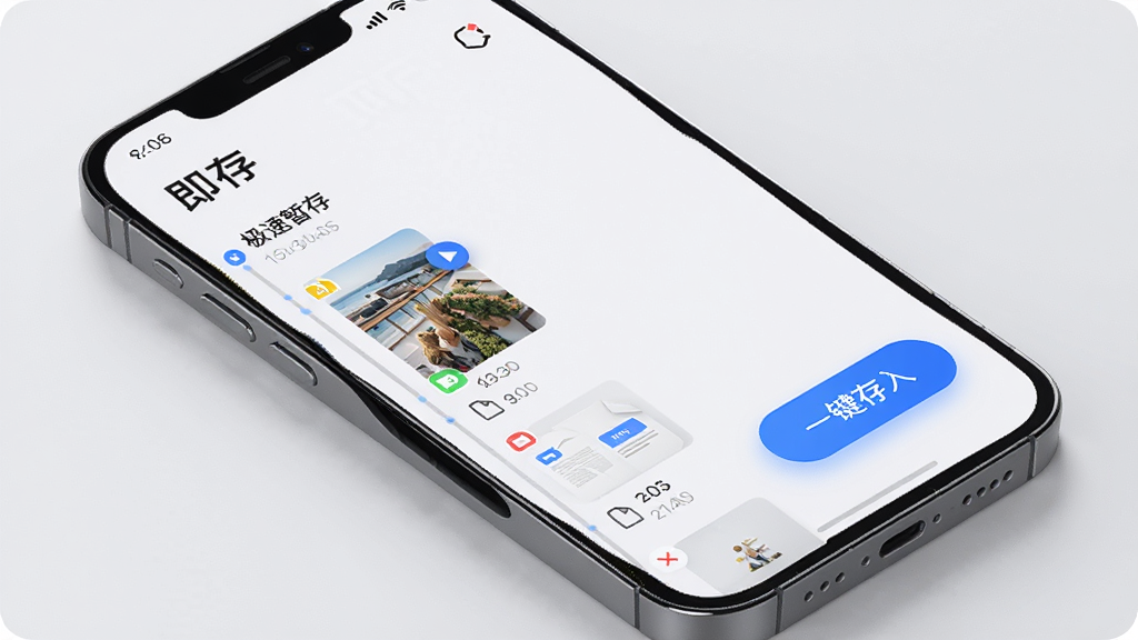 画面主体为一部智能手机,屏幕显示“即存”的极速暂存界面,时间轴式列表排列着刚存入的图片与文档缩略图,右侧有醒目的“一键存入”按钮,布局简洁,风格为现代科技感浅色系,细节包括文件类型图标与时间标签,画质高清,干净无杂乱