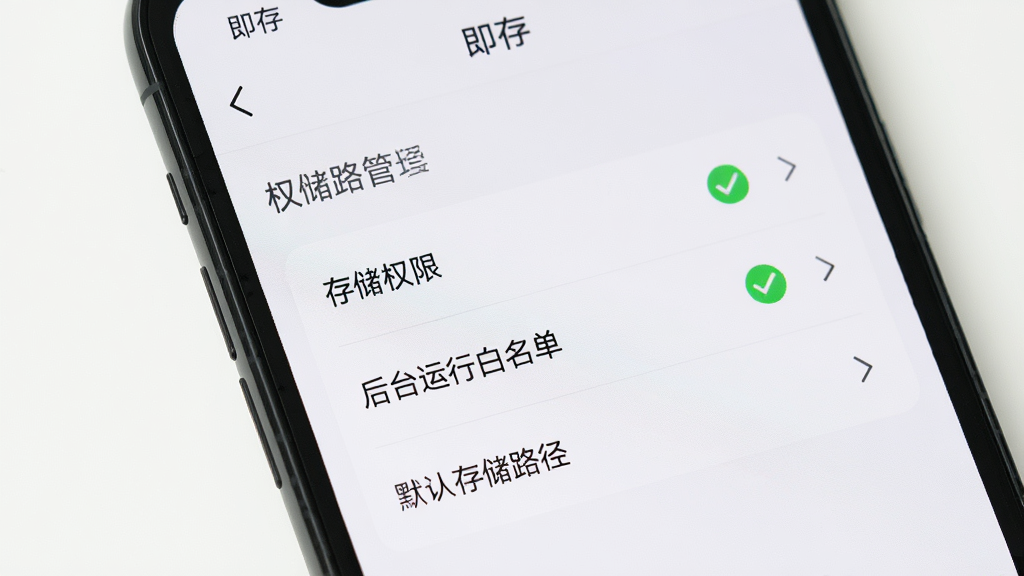 画面为手机屏幕特写,显示“即存”应用设置页面中的存储路径与权限管理区域,界面有“存储权限”“后台运行白名单”“默认存储路径”三个条目,旁边配有对勾与箭头图标,风格为浅色极简,背景干净,画质清晰