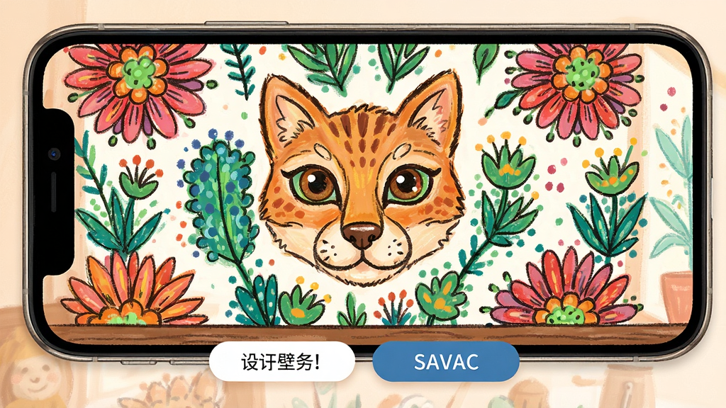 美涂壁纸作品完成后的壁纸预览界面,手机屏幕中展示一幅色彩饱满的数字涂色画作作为壁纸,下方有设为壁纸和保存图片按钮,界面布局清晰,风格温馨,画质高清,干净无多余元素