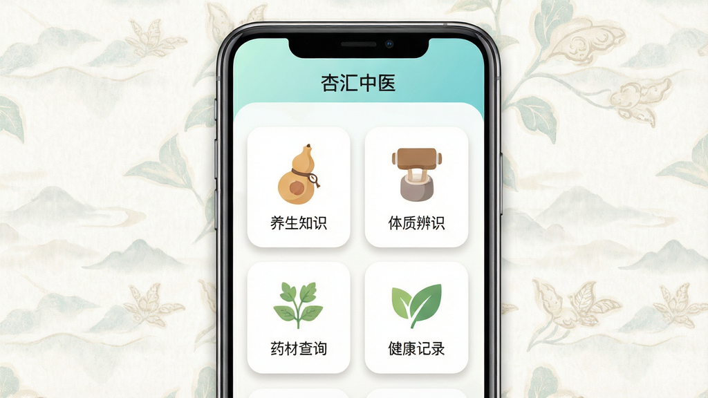 һ���ֻ�Ӧ�ý���չʾͼ������������һ�����������ֻ�����Ļ����ʾ�ӻ���ҽAPP��ҳ������Ϊ����ɫ���䵼�������м���������֪ʶ�����ʱ�ʶ��ҩ�Ĳ�ѯ��������¼�ĸ�Բ�ǹ��ܿ�Ƭ����Ƭͼ����ñ�ƽ����ҽԪ����ҩ��«����������ҩҶ�����岼�־��жԳƣ�������¼�Լ��ϸ���Ͽ�Ƭ�������Ӱ�������е������������������ɾ����޶���Ԫ��