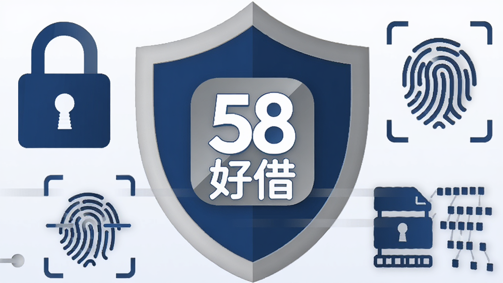 画面主体为一个盾牌形状的安全图标,盾牌内部显示58好借应用标志,盾牌周围环绕锁头、指纹识别、加密数据流等扁平化元素,整体采用深蓝色与银灰色搭配的稳重风格,背景为简洁的浅色渐变,高清画质,无多余杂乱元素