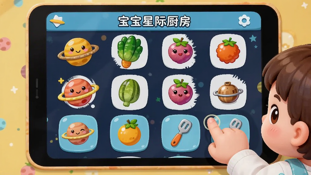 宝宝星际厨房食材选择界面,屏幕上排列着卡通风格的星球蔬菜、彩色水果和厨具图标,一个小孩手指正点击食材,界面布局整齐,风格清新可爱,画质清晰干净